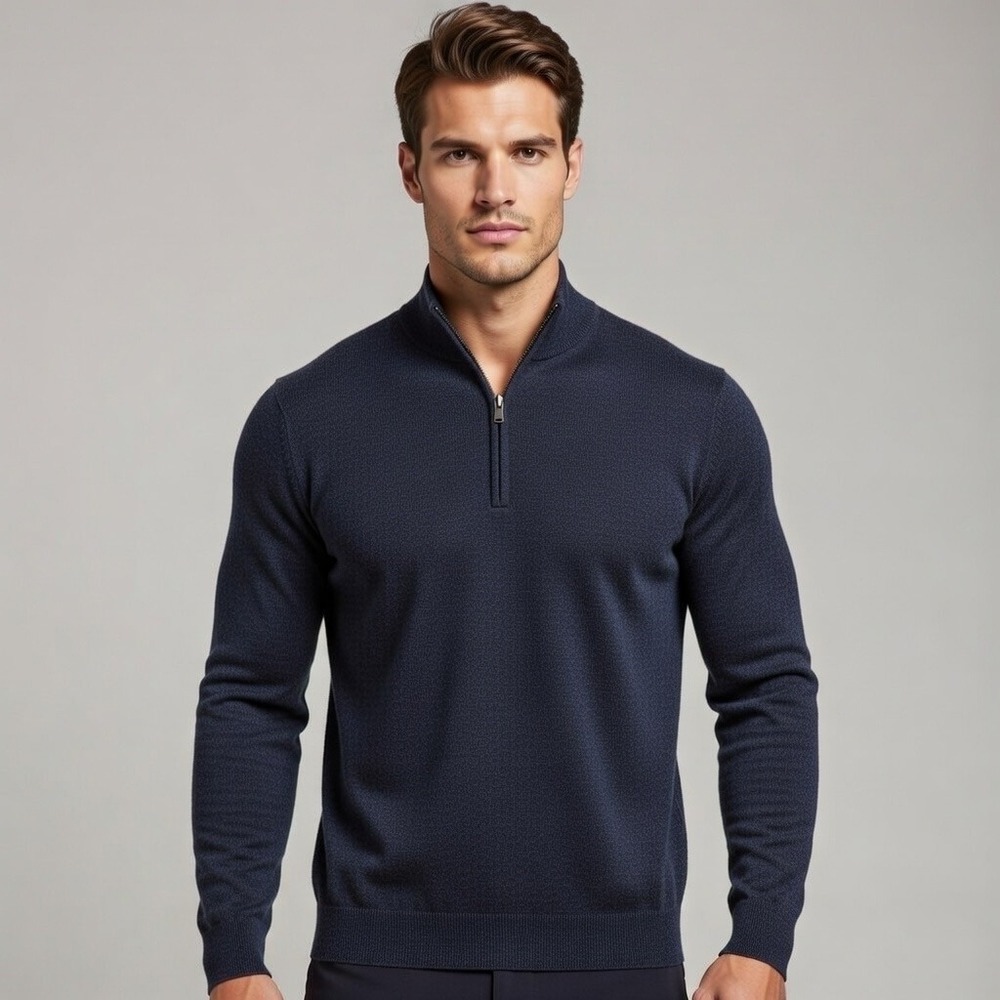 Peter Millar Mens XL Quarter Zip Sweater Navy‎ Blue Heather Mock Neck Pullover